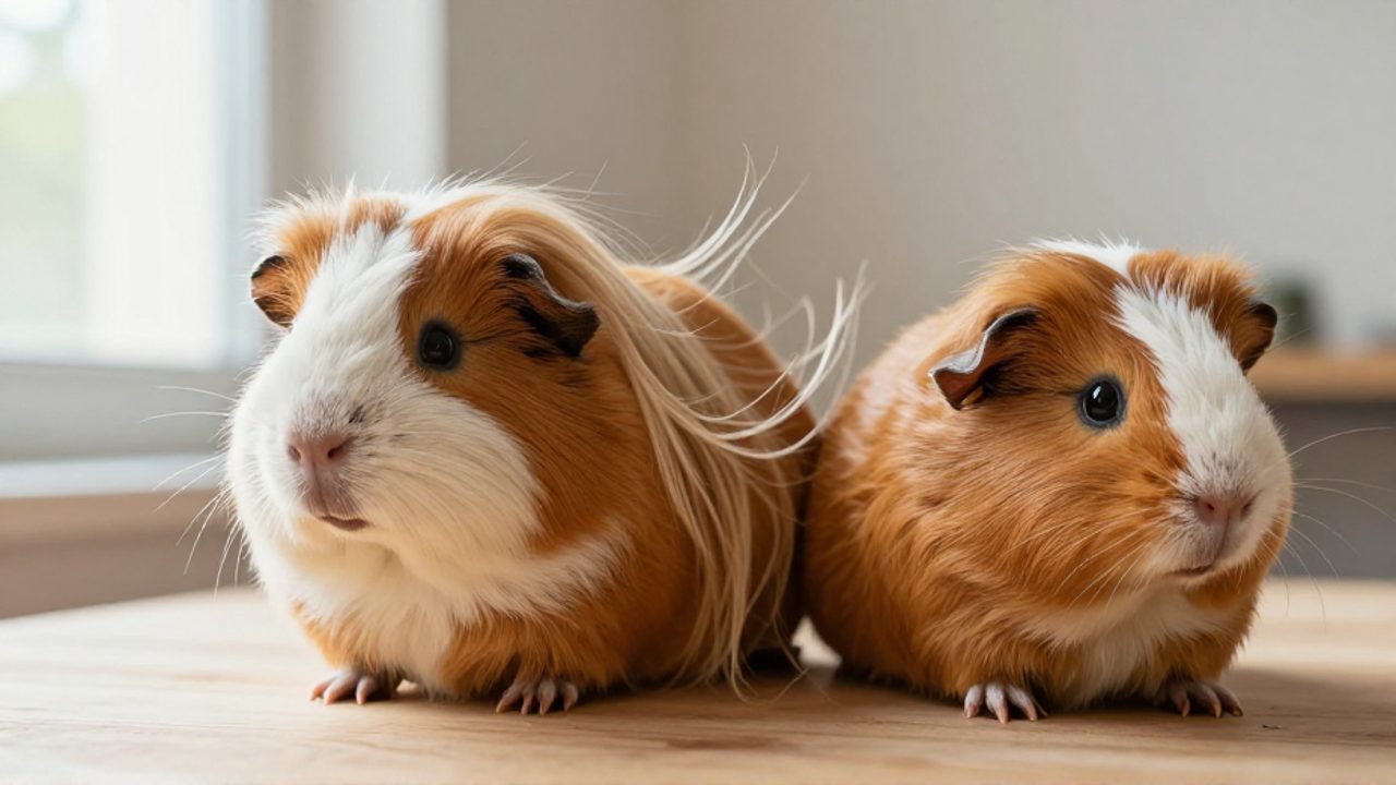 Comparativa entre una cobaya Sheltie con pelo largo y sedoso hacia atrás y una cobaya de raza peruana sobre una superficie de madera.