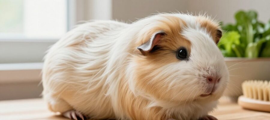 Primer plano de una cobaya sheltie de pelo largo y sedoso descansando sobre madera junto a un cuenco de vegetales frescos.