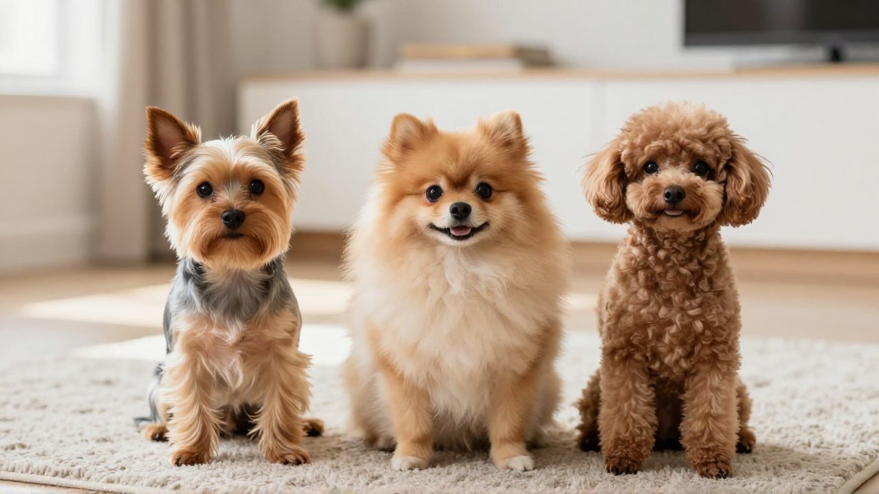 Un Yorkshire Terrier, un Pomerania y un Caniche Toy sentados juntos sobre una alfombra en una sala luminosa.