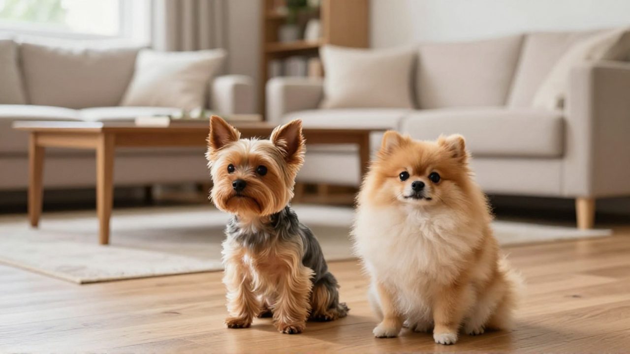 Un Yorkshire Terrier y un Pomerania sentados tranquilamente en el suelo de una sala de estar luminosa y segura.