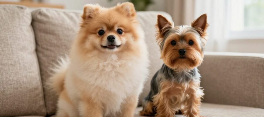 Un Pomerania y un Yorkshire Terrier sentados juntos en un sofá de lino en una sala de estar iluminada.