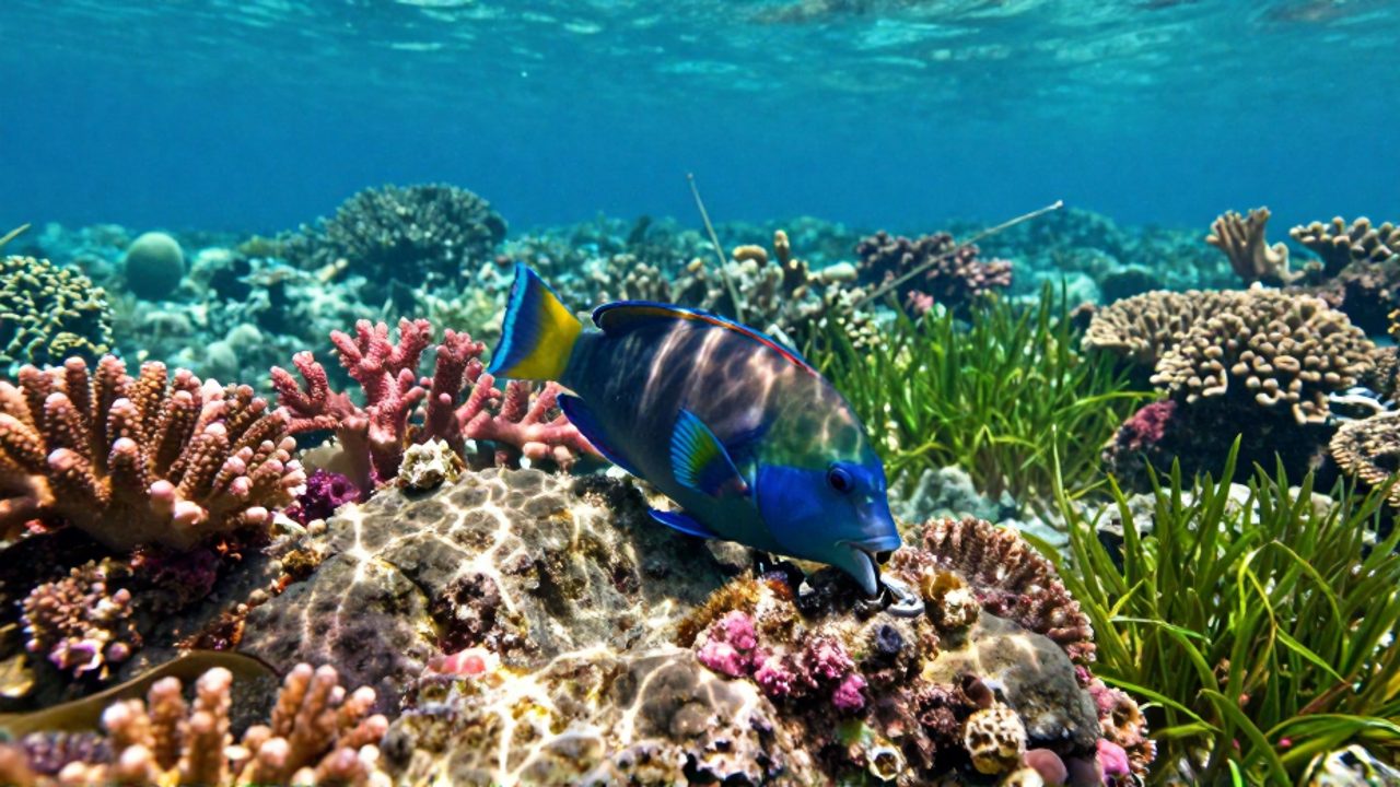 Un pez loro de colores brillantes raspa algas de las rocas en un arrecife de coral lleno de vegetación marina.