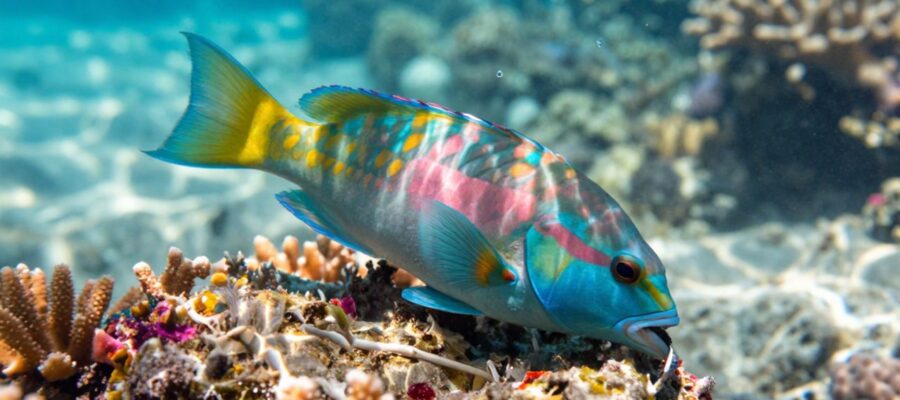 Un pez loro de colores brillantes raspa algas de una roca en un arrecife de coral bajo la luz del sol.