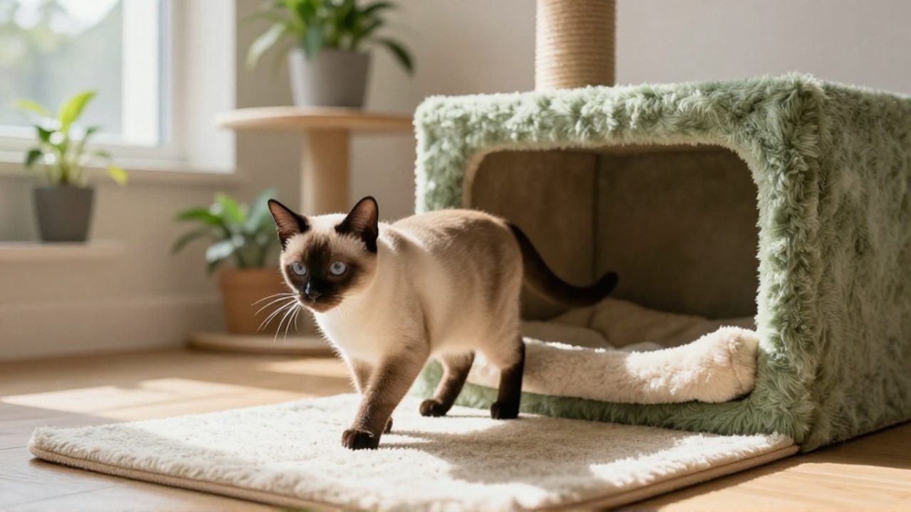 Un gato de raza Singapura explora con curiosidad un rincón de una sala iluminada, que cuenta con un rascador bajo y una cama acogedora.