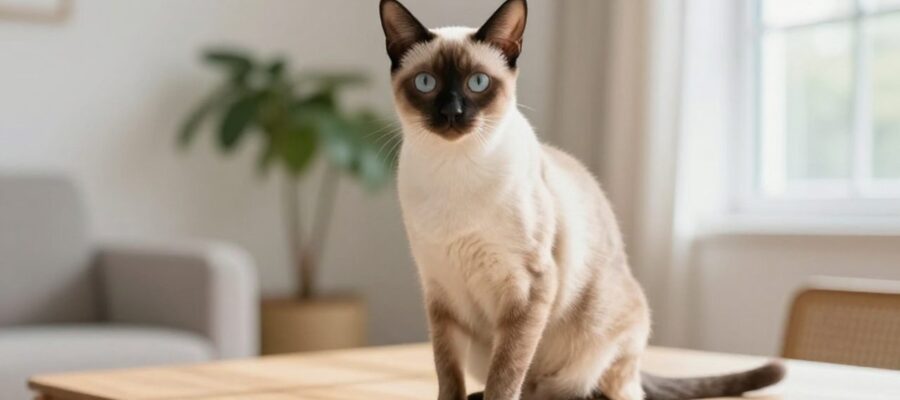 Gato de raza Singapura con complexión pequeña y mirada atenta, sentado en un salón luminoso y acogedor.