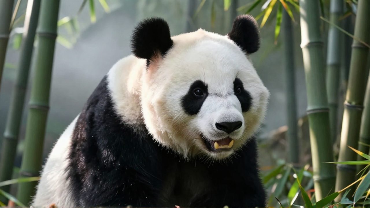 Primer plano de un panda gigante con mirada alerta y mandíbula marcada entre el bambú de un bosque neblinoso.
