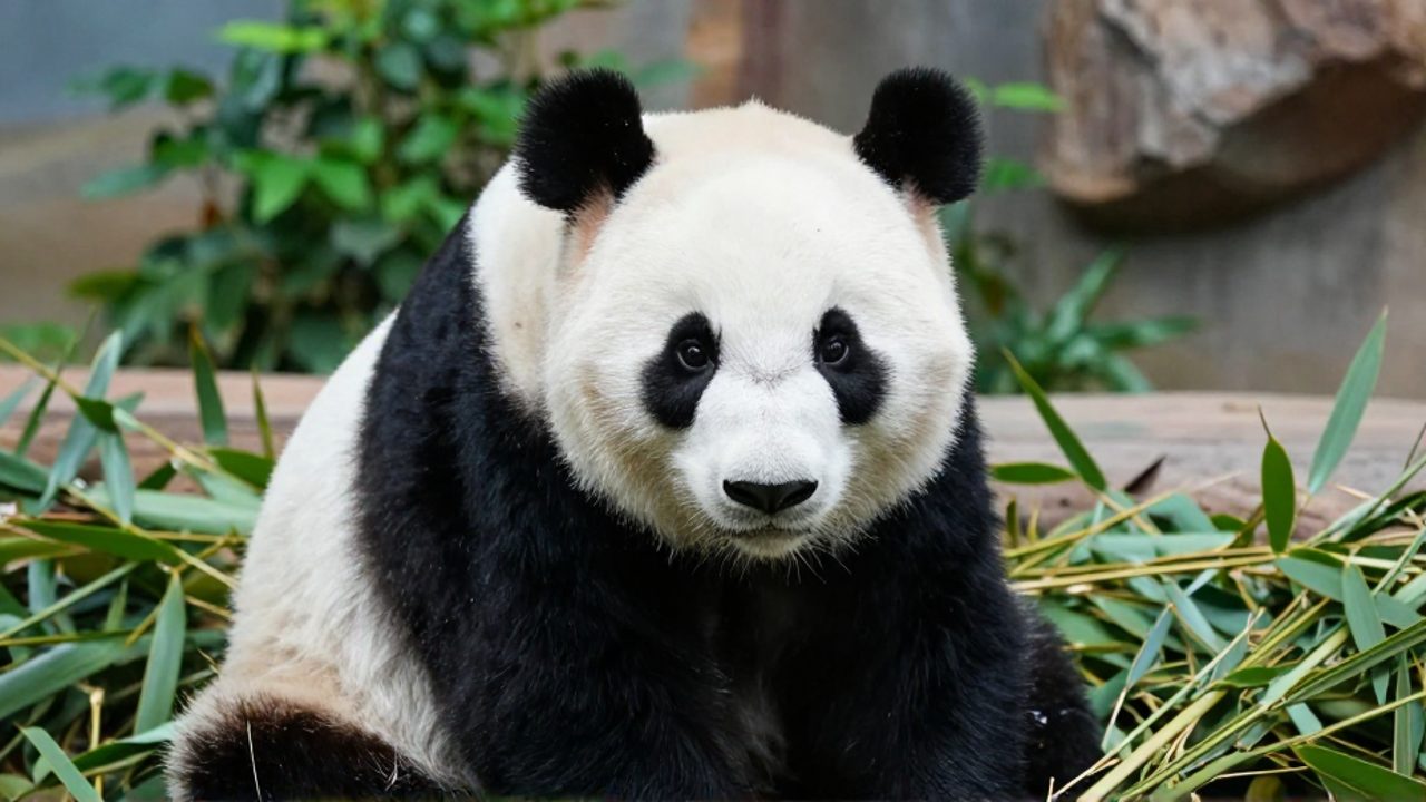 Panda gigante sentado sobre tallos de bambú en un recinto, con la mirada fija y en actitud de alerta.