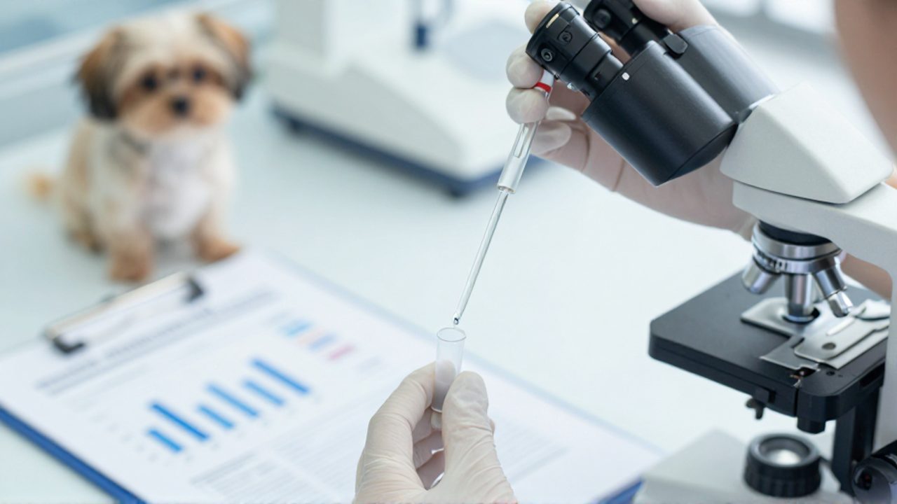 Manos de un veterinario utilizando una pipeta para manipular muestras en un laboratorio clínico, con un perro y un informe médico de fondo.