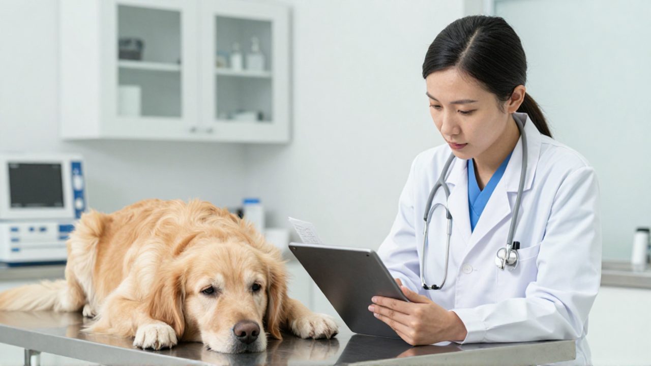 Veterinario revisando un informe médico mientras atiende a un perro Golden Retriever sobre una mesa de exploración en una clínica.