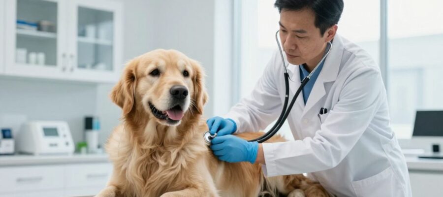 Veterinaria con bata blanca ausculta a un Golden Retriever sobre una mesa de exploración en una clínica.