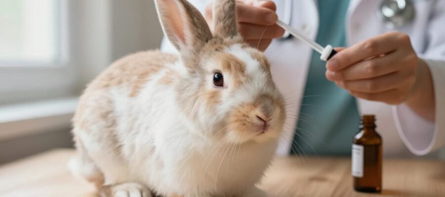 Conejo Holland Lop sentado tranquilamente mientras un veterinario prepara medicina con un gotero en un entorno de cuidado profesional.