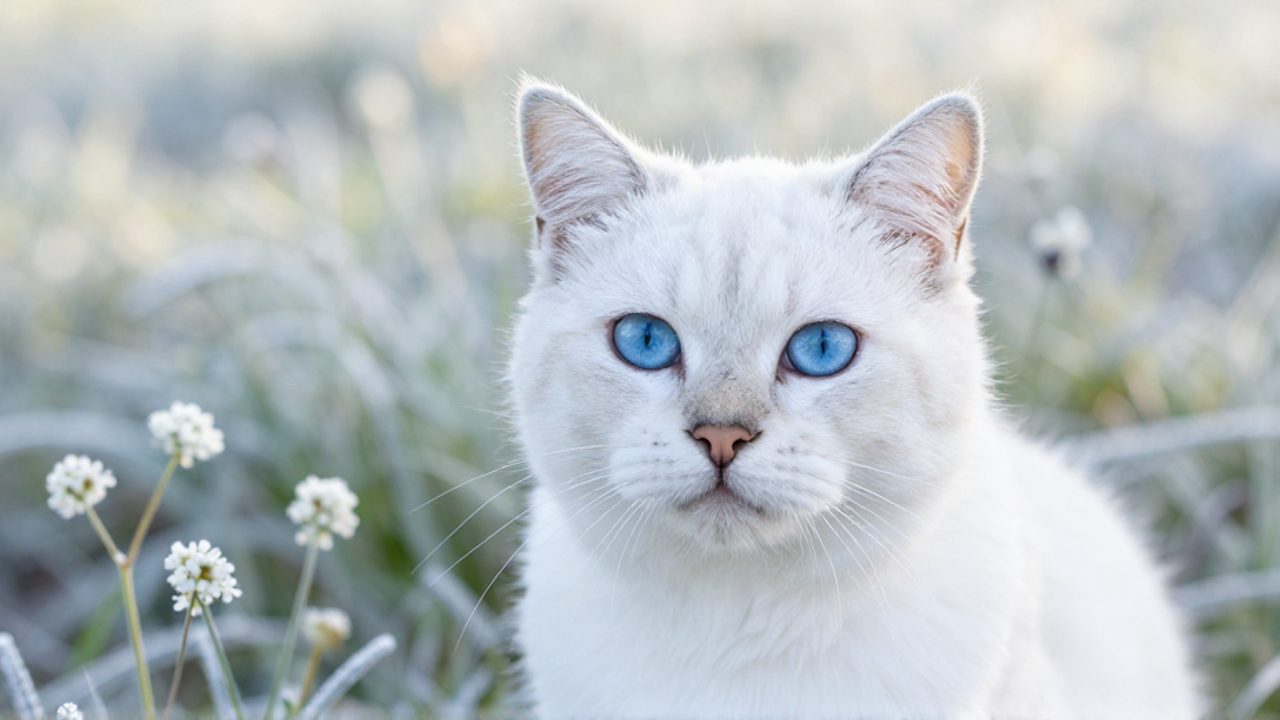 Primer plano de un gato blanco de ojos azules sentado entre flores silvestres y vegetación con escarcha.