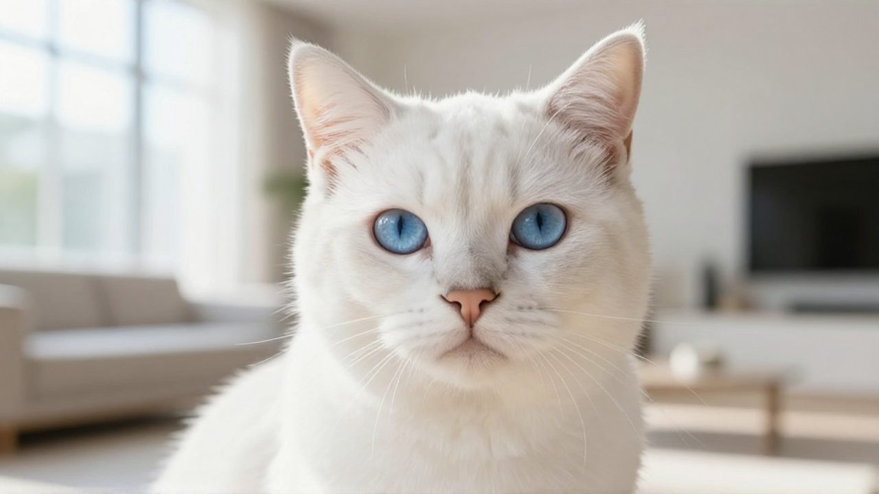 Primer plano de un gato blanco de pelaje brillante y ojos azules intensos sentado en una sala de estar iluminada por el sol.