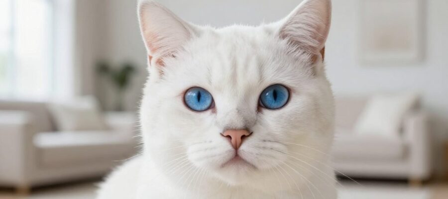 Primer plano de un gato blanco de pelo denso con intensos ojos azules mirando fijamente hacia la cámara.