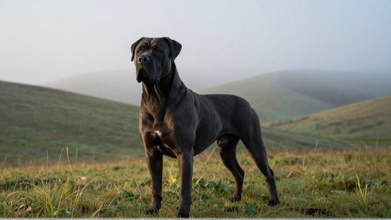 Cane Corso de aspecto atlético y musculoso que permanece alerta en un campo abierto con niebla al amanecer.