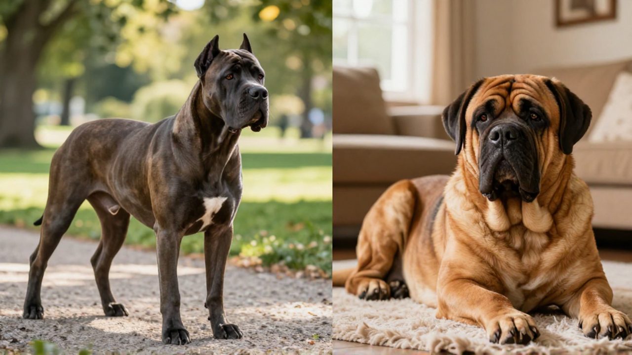 Comparativa entre un Cane Corso musculoso y alerta en un parque frente a un Mastín Inglés relajado descansando en una sala de estar.