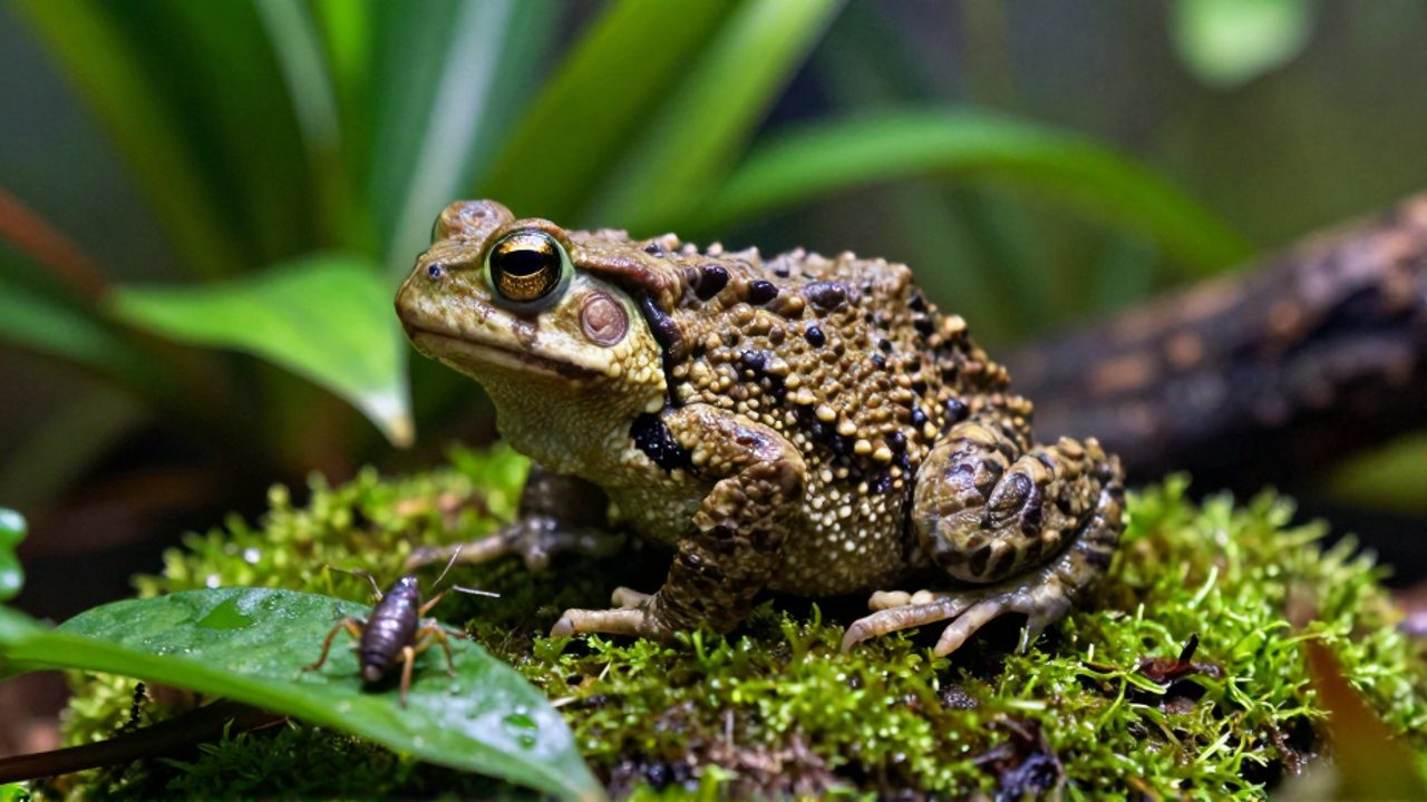 Sapo de piel rugosa descansando sobre una roca con musgo dentro de un terrario con plantas tropicales y un pequeño grillo cerca.