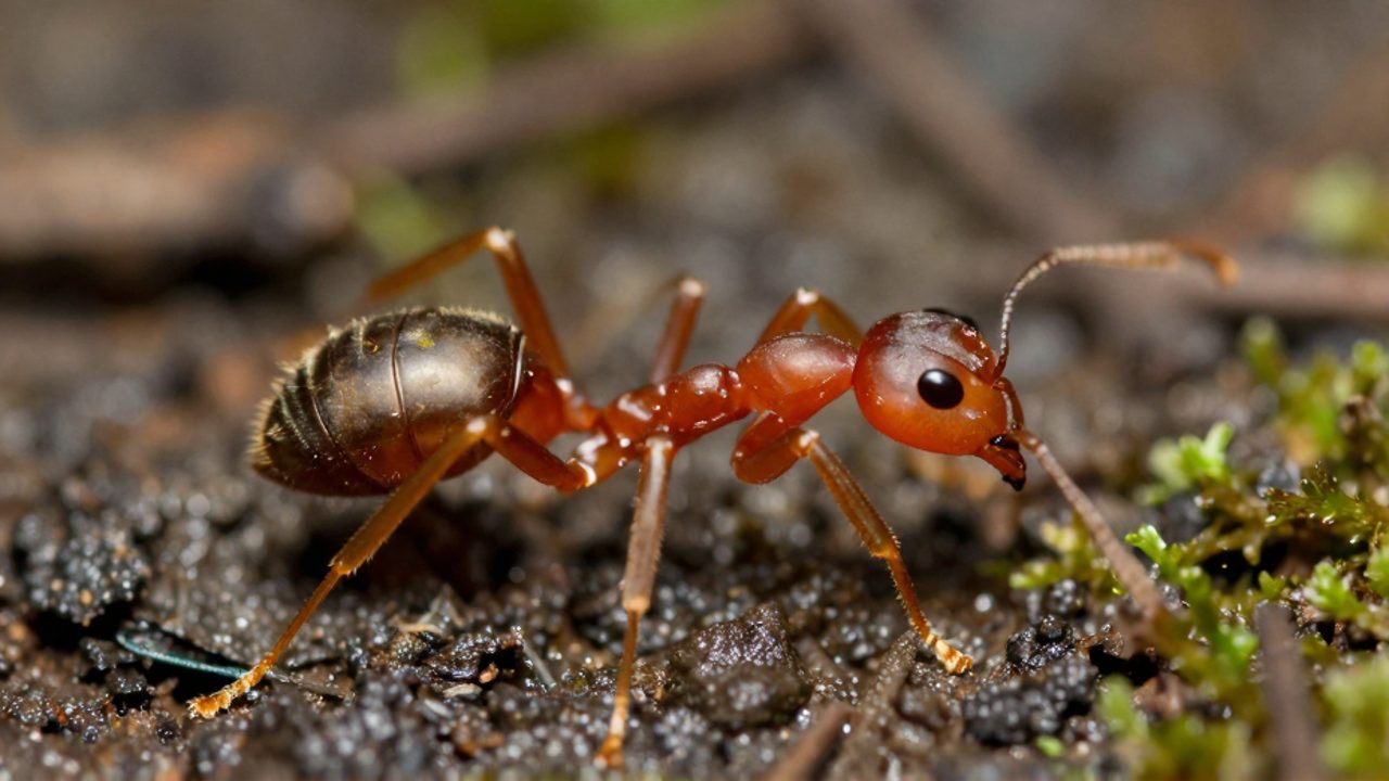 Primer plano de una hormiga roja sobre el suelo de un bosque, mostrando la textura de su exoesqueleto traslúcido en el abdomen y el tórax.