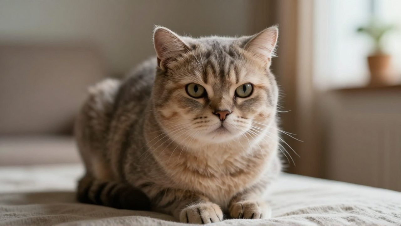 Gato con la mirada alerta y las orejas hacia atrás, sentado con postura tensa sobre una superficie suave.