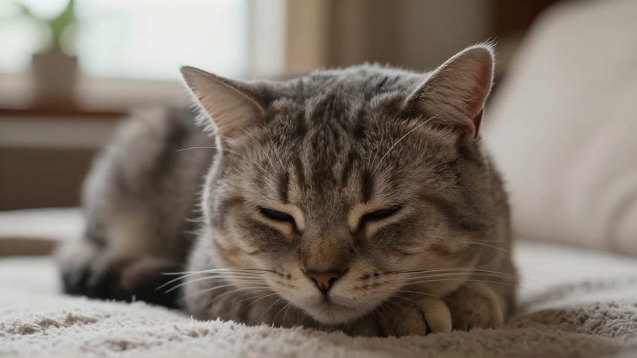 Gato doméstico con aspecto decaído y ojos cerrados, tumbado sobre una manta en una postura de letargo.
