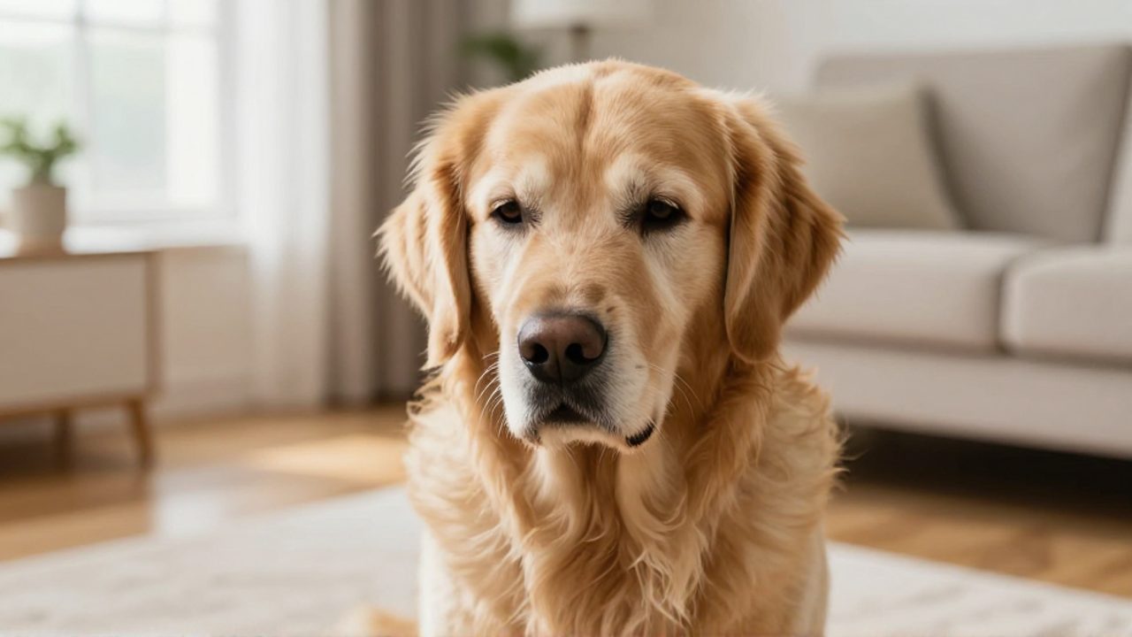 Un perro Golden Retriever de edad avanzada sentado en una sala, con expresión fatigada y la boca entreabierta para respirar con dificultad.