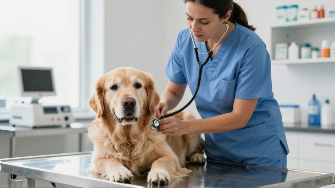 Veterinario con uniforme azul ausculta el pecho de un perro Golden Retriever mayor sobre una mesa de examen en una clínica.