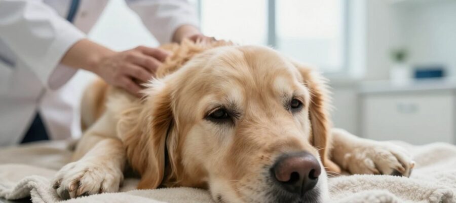 Perro Golden Retriever de edad avanzada con semblante decaído descansando sobre una manta en una clínica veterinaria.