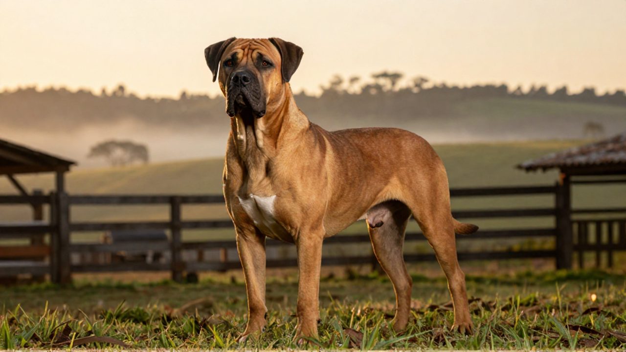 Un perro Fila Brasileiro de complexión musculosa observa con atención desde una granja rural al amanecer.