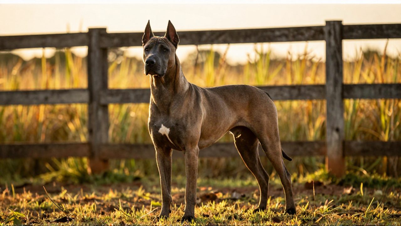 Perro Fila Brasileiro de constitución robusta y piel suelta, de pie en un entorno rural con pastizales bajo la luz del atardecer.