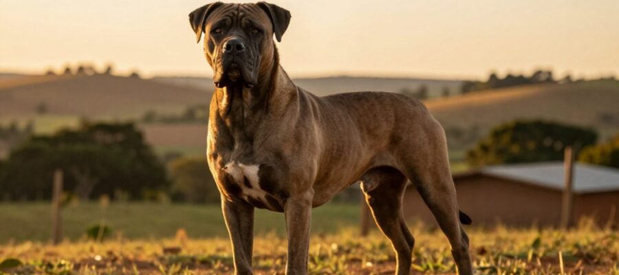 Un perro Fila Brasileiro de complexión robusta y piel suelta permanece alerta en un paisaje rural brasileño durante el atardecer.