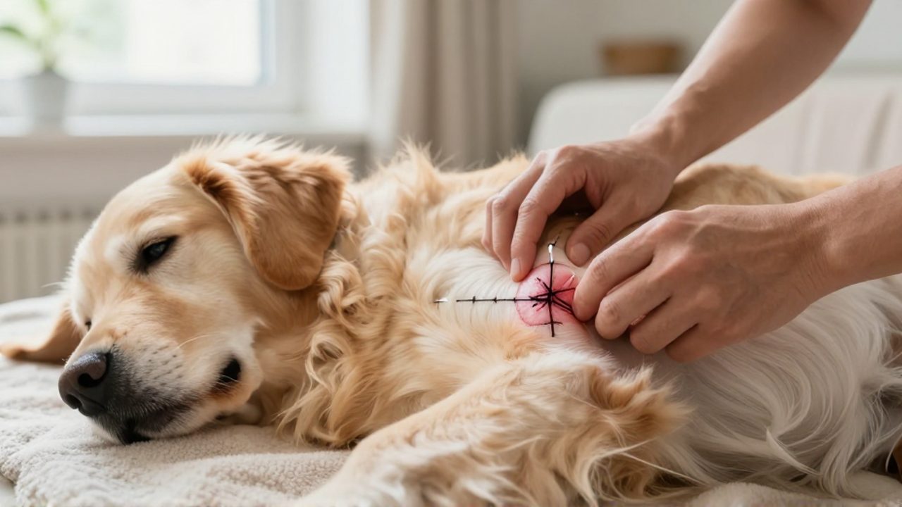 Una persona examina con cuidado los puntos de sutura de una incisión quirúrgica en el abdomen de un perro Golden Retriever que descansa sobre una manta.