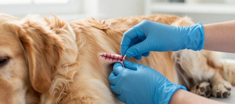 Manos con guantes médicos revisan con cuidado la incisión con puntos de sutura en el costado de un perro Golden Retriever.