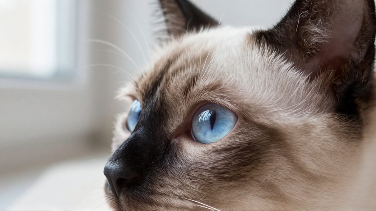 Primer plano de la cara de un gato siamés que muestra esotropía, con un ojo centrado y el otro desviado hacia la nariz.