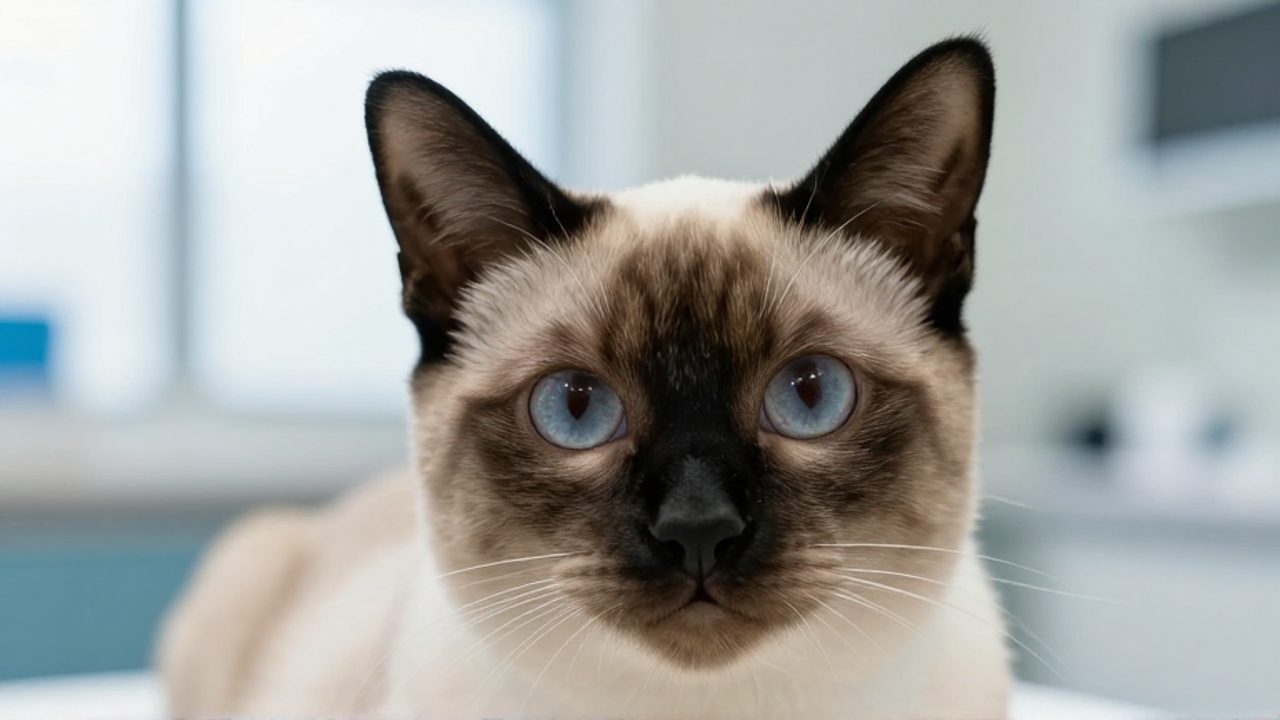 Primer plano de los ojos de un gato siamés que muestran una ligera desviación ocular en un entorno clínico.
