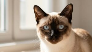Primer plano de un gato siamés con estrabismo, mostrando una ligera desviación de sus ojos hacia adentro.