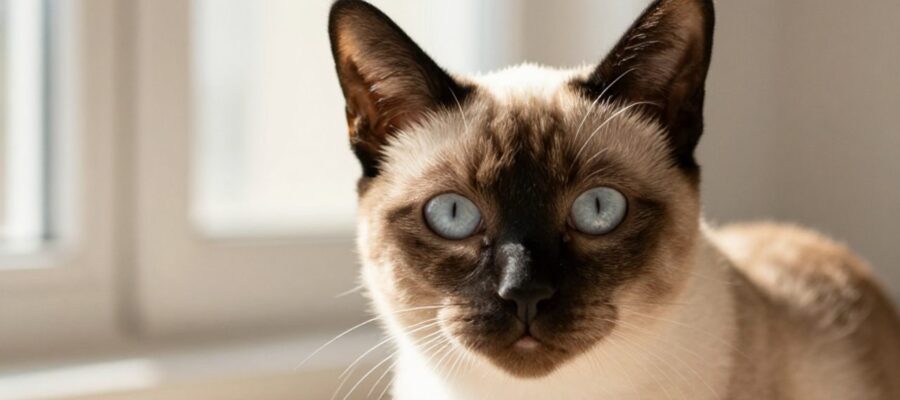 Primer plano de un gato siamés con estrabismo, mostrando una ligera desviación de sus ojos hacia adentro.