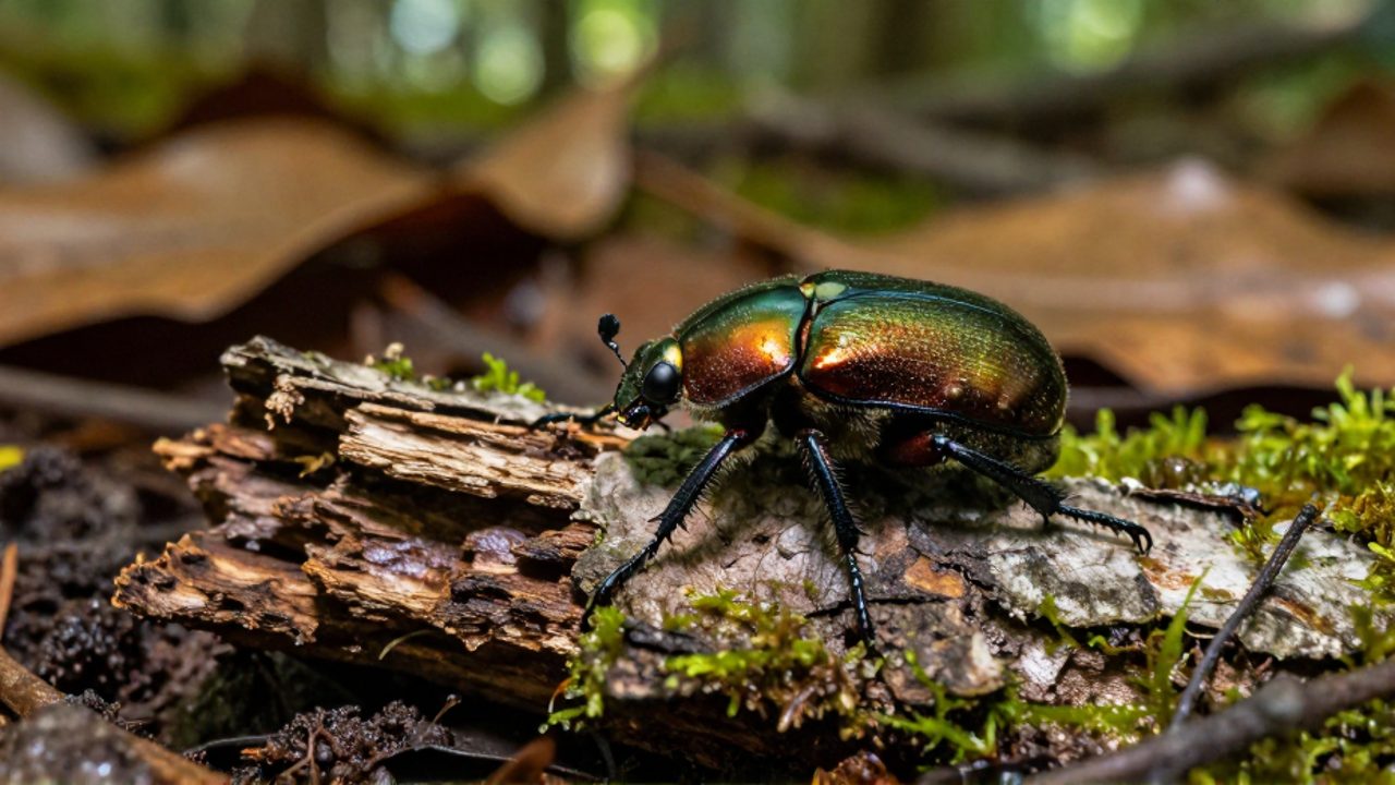Un escarabajo joya de caparazón iridiscente trepa sobre corteza de árbol y musgo en el suelo de un bosque.