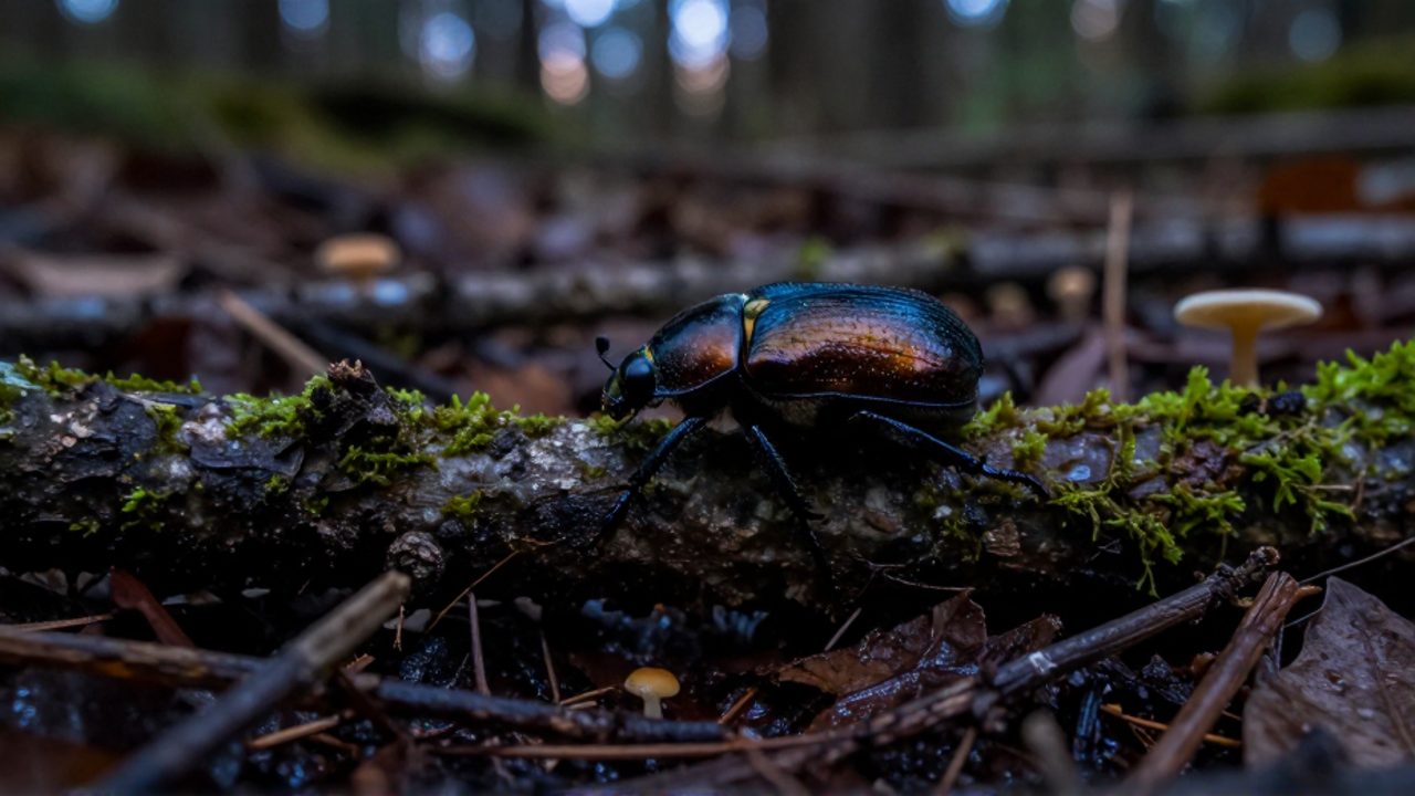 Escarabajo de caparazón iridiscente caminando sobre una rama cubierta de musgo en el suelo de un bosque al atardecer.