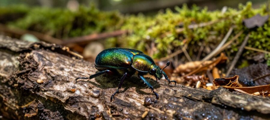 Escarabajo de color azul iridiscente caminando sobre la corteza húmeda de un tronco caído en un bosque.