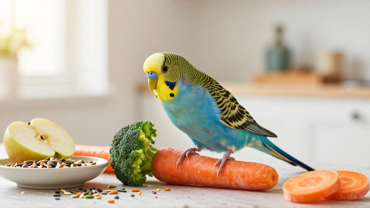 Periquito australiano comiendo rodajas de zanahoria y brócoli junto a un cuenco con semillas y trozos de manzana.
