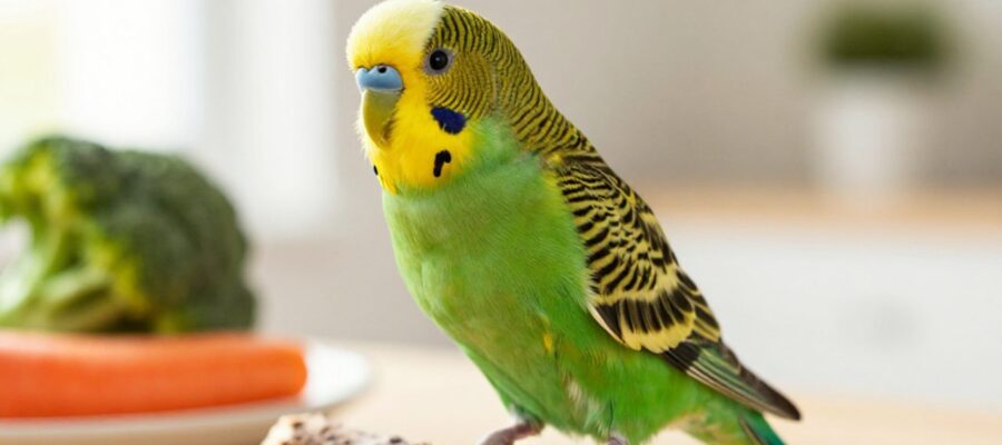 Periquito australiano de plumaje verde y amarillo posado sobre una rama de madera junto a un pequeño plato con trozos de brócoli y zanahoria.