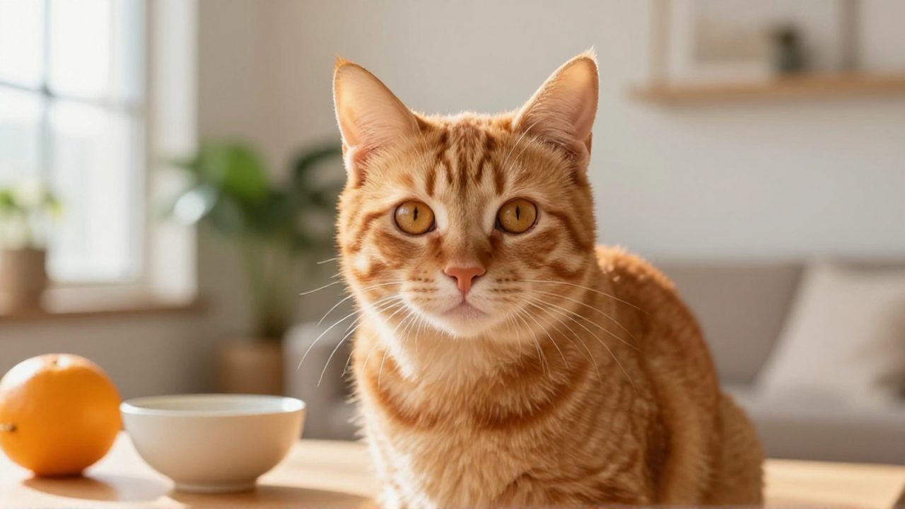 Gato tabby de color naranja con ojos ámbar sentado junto a una naranja sobre una superficie de madera en una sala de estar iluminada.