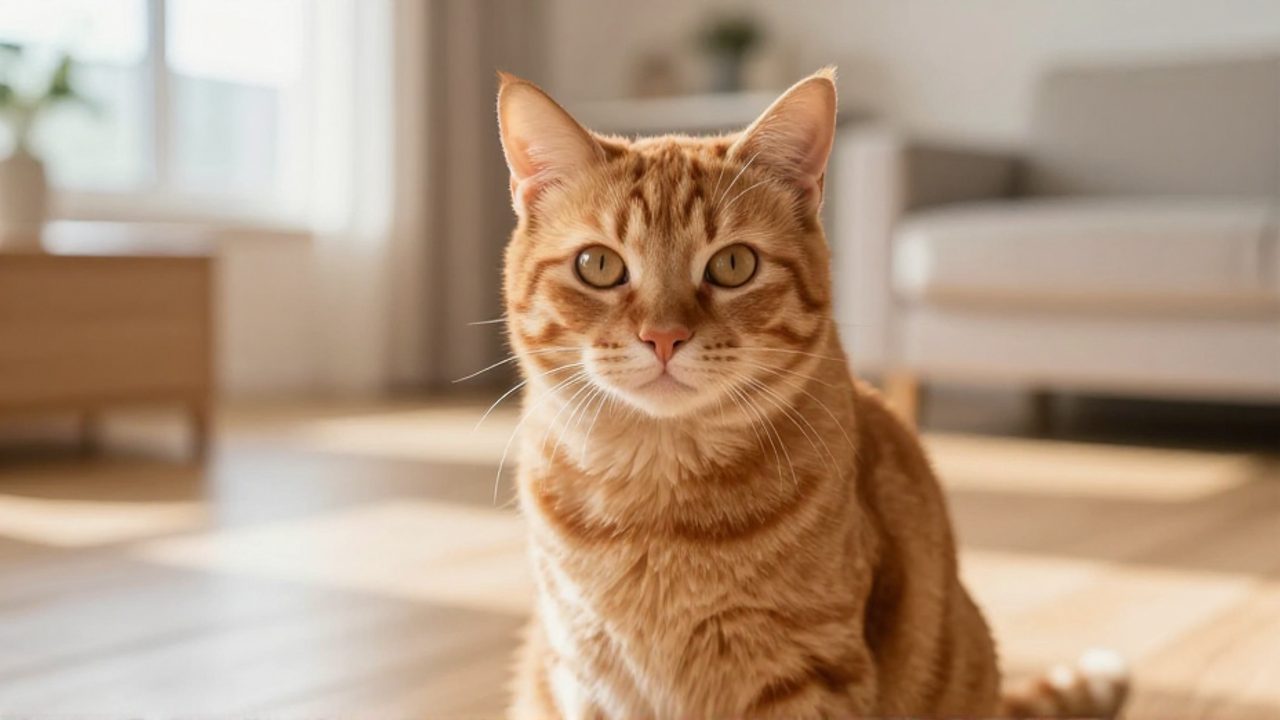Gato tabby de color naranja con mirada atenta, sentado sobre un suelo de madera en una acogedora sala de estar iluminada por el sol.