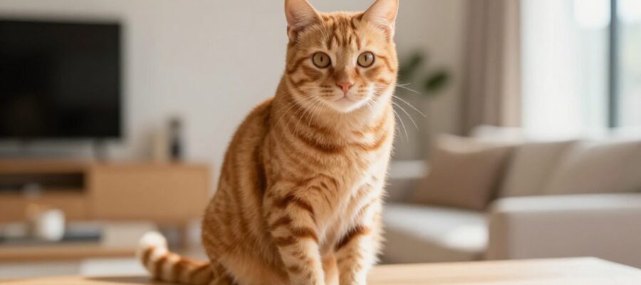 Gato tabby de color naranja brillante sentado sobre una superficie de madera en una sala de estar luminosa.