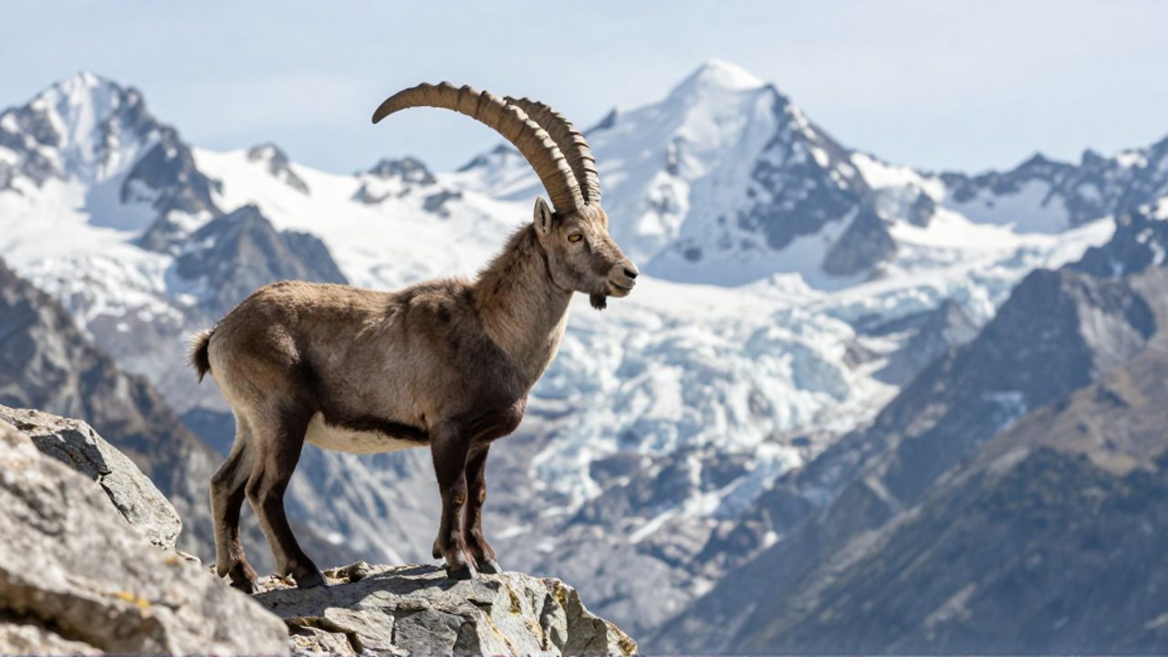 Un íbice con grandes cuernos curvados posado sobre una roca escarpada frente a los picos nevados de los Alpes suizos.