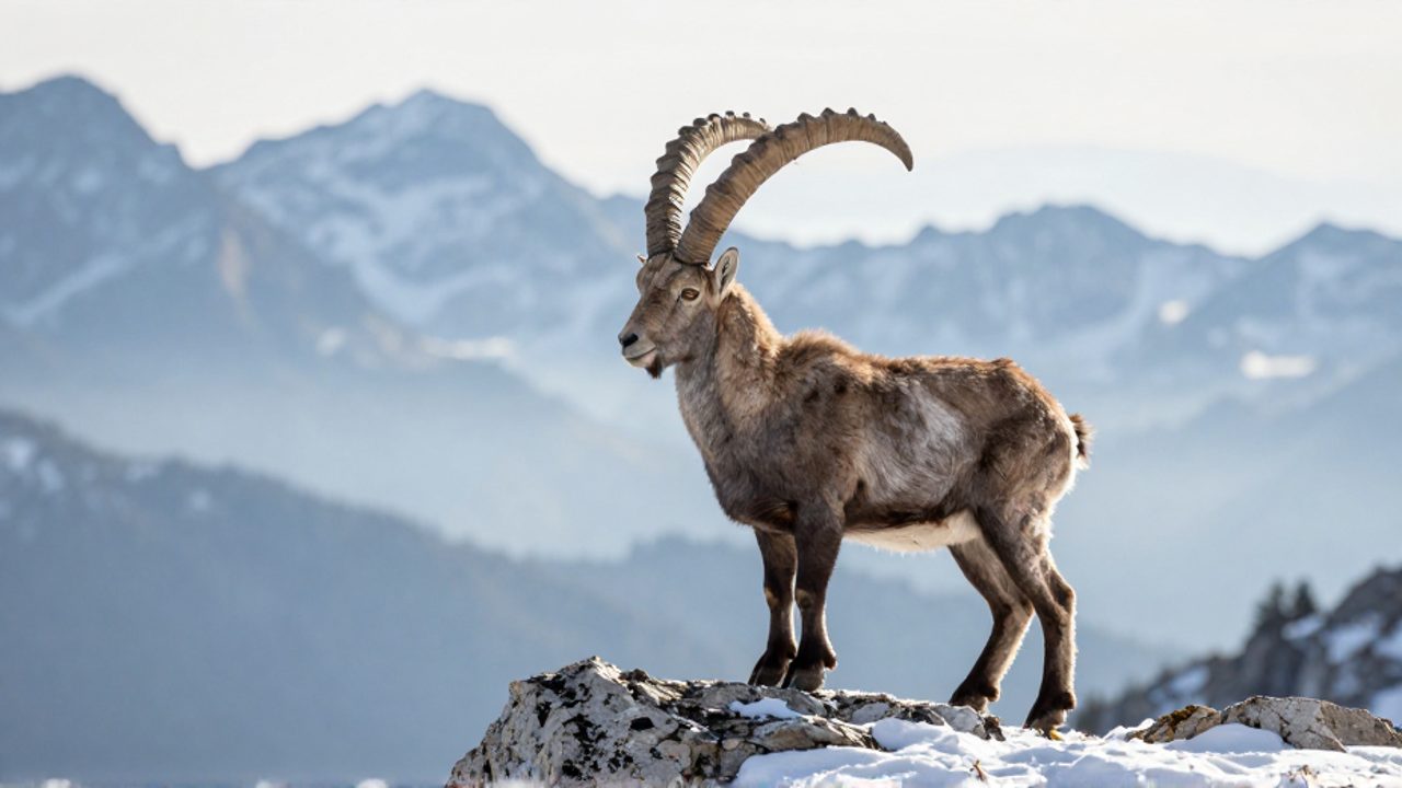 Un íbice alpino con grandes cuernos curvados posado sobre una roca nevada en un paisaje de alta montaña con picos cubiertos de niebla.