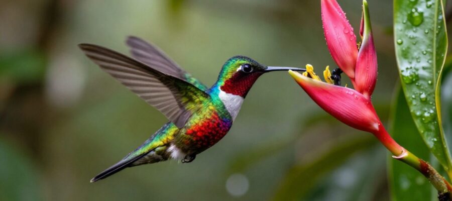 Colibrí inca con plumas brillantes de color verde y violeta bebiendo néctar de una flor tropical en la selva.