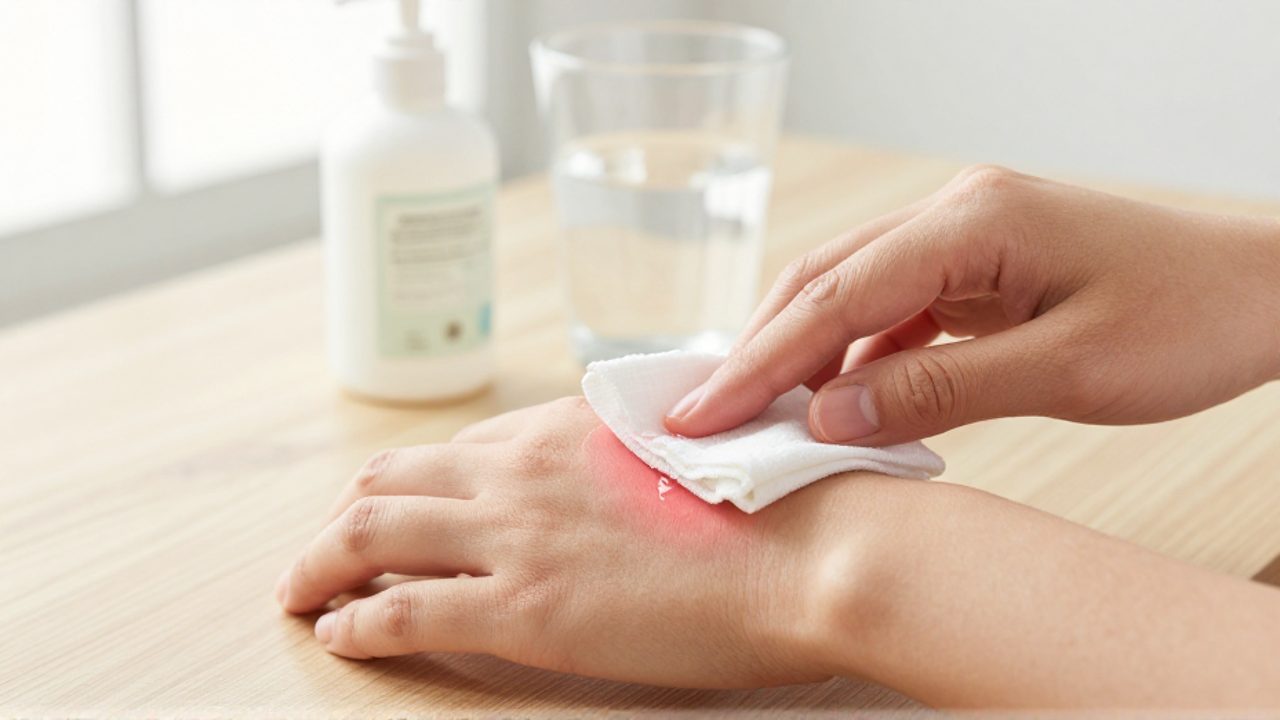 Una persona aplica una compresa de tela blanca con agua fría sobre una zona roja e inflamada en su antebrazo.