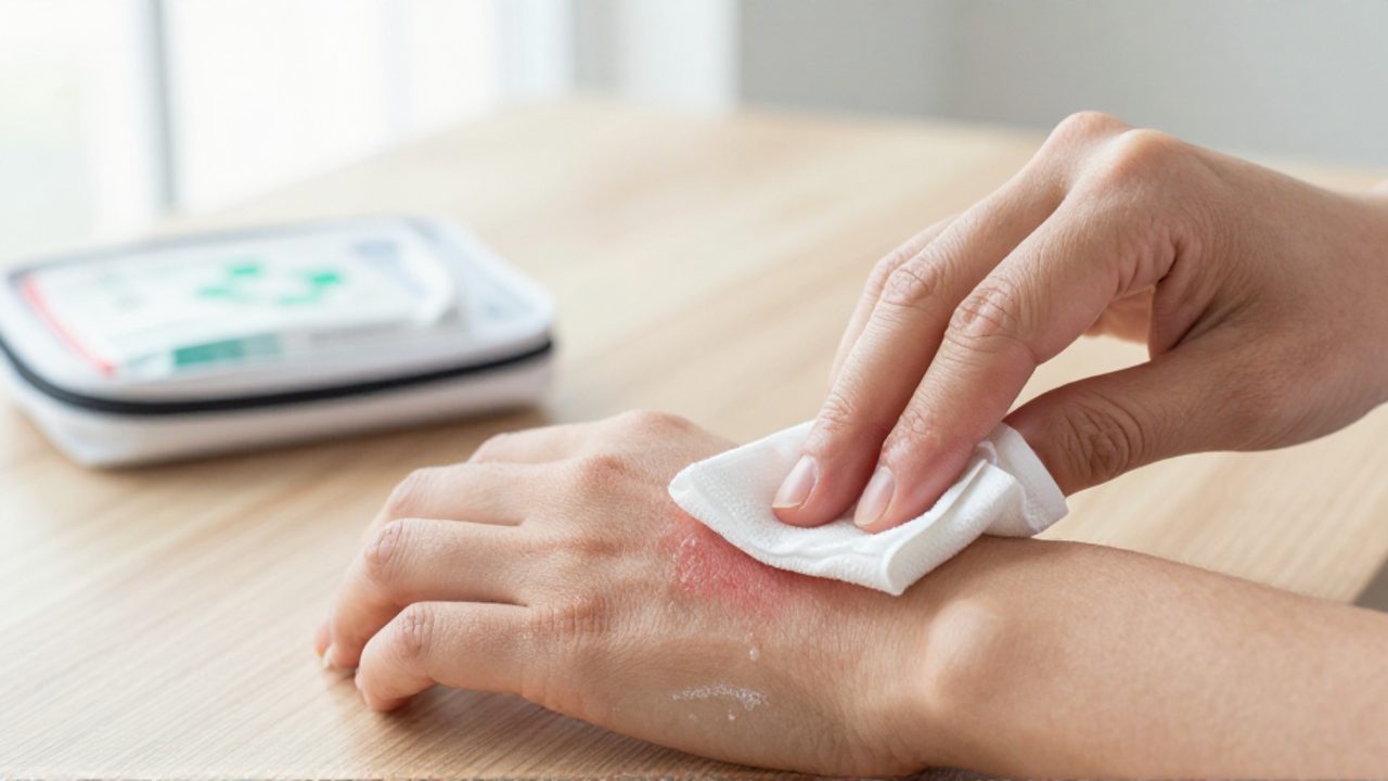 Una persona aplica una compresa de tela blanca con agua fría sobre una zona ligeramente roja en su antebrazo para aliviar la irritación.