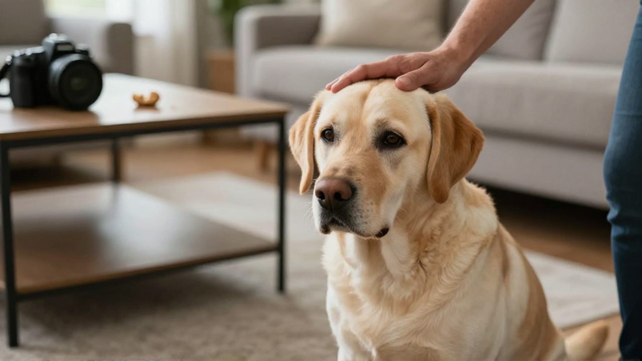 Dueño de una mascota acariciando a un labrador con aspecto decaído en una sala, mientras se observa un trozo de dulce de cacahuete sobre una mesa al fondo.